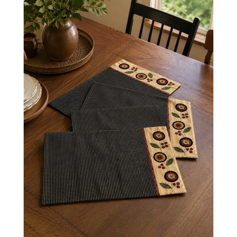 Primitive Country Button Berry Placemats Set Of 3 Farmhouse Table Linens